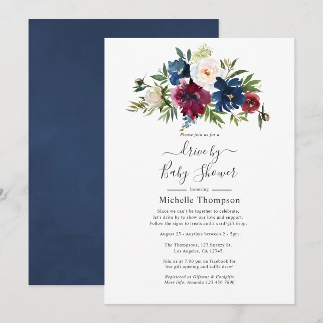 Bordo and Navy Floral Drive By Shower Invitation (Front/Back)