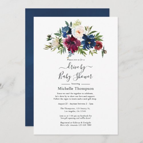 Bordo and Navy Floral Drive By Shower Invitation