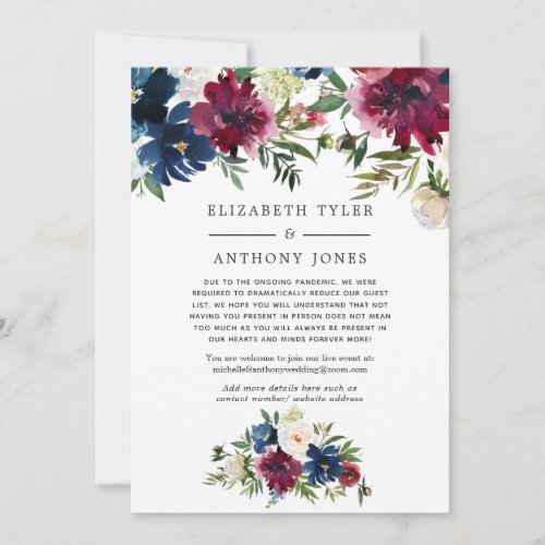 Bordo and Navy Floral Reduced Wedding Guest List Announcement