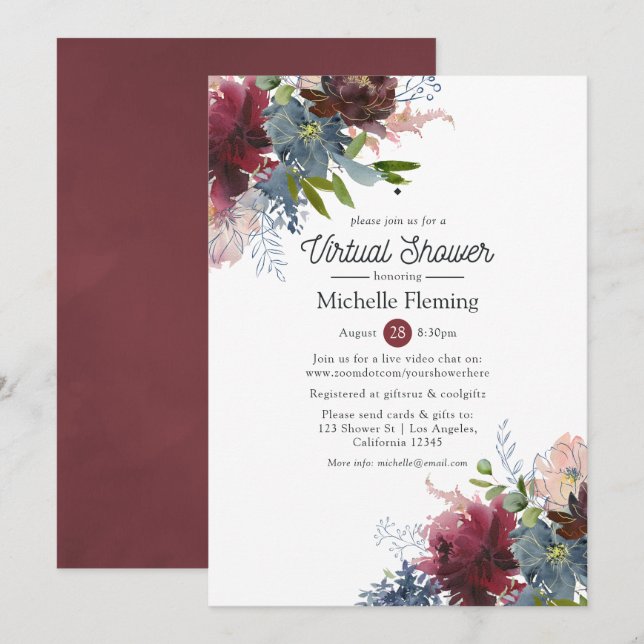 Bordo and Navy Floral Virtual Bridal Shower Invitation (Front/Back)