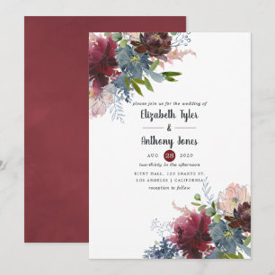 Bordo and Navy Floral Wedding Invitation