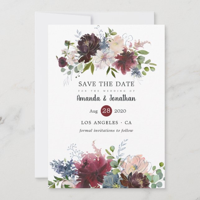 Bordo and Navy Floral Wedding Photo Save The Date (Front)