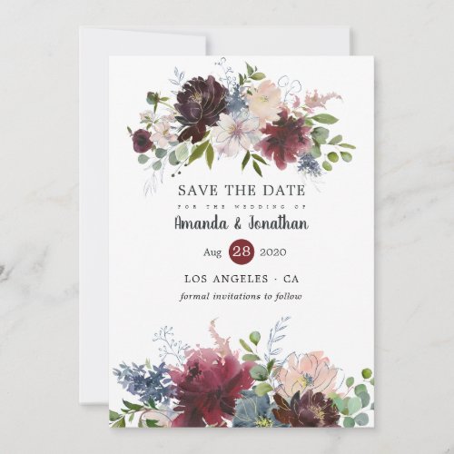 Bordo and Navy Floral Wedding Photo Save The Date