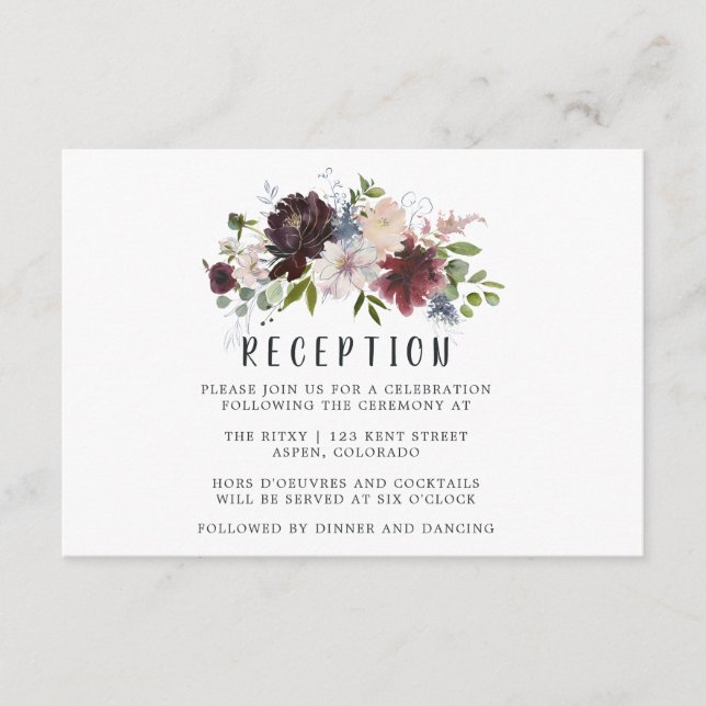 Bordo and Navy Floral Wedding Reception Enclosure Card (Front)