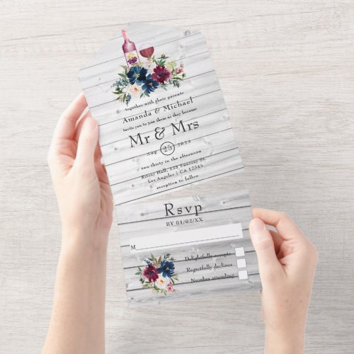 Bordo and Navy Watercolor Floral All In One Invitation