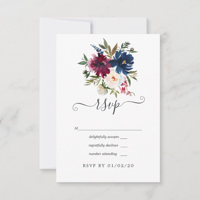 Bordo and Navy Watercolor Floral RSVP Card (Front)