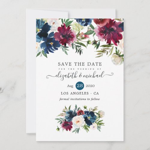 Bordo and Navy Watercolor Floral Save The Date
