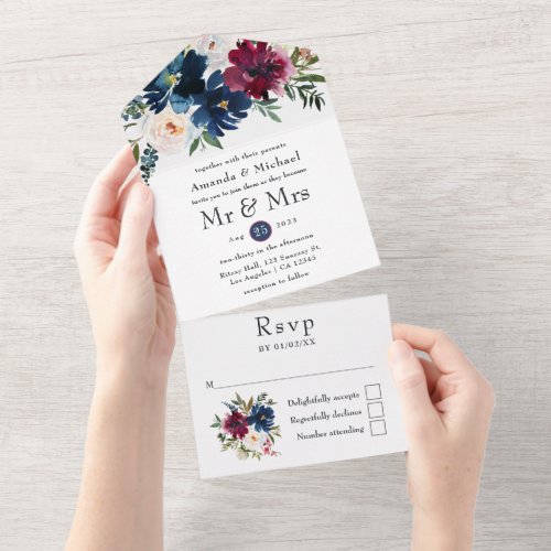 Bordo and Navy Watercolor Floral Wedding All In One Invitation