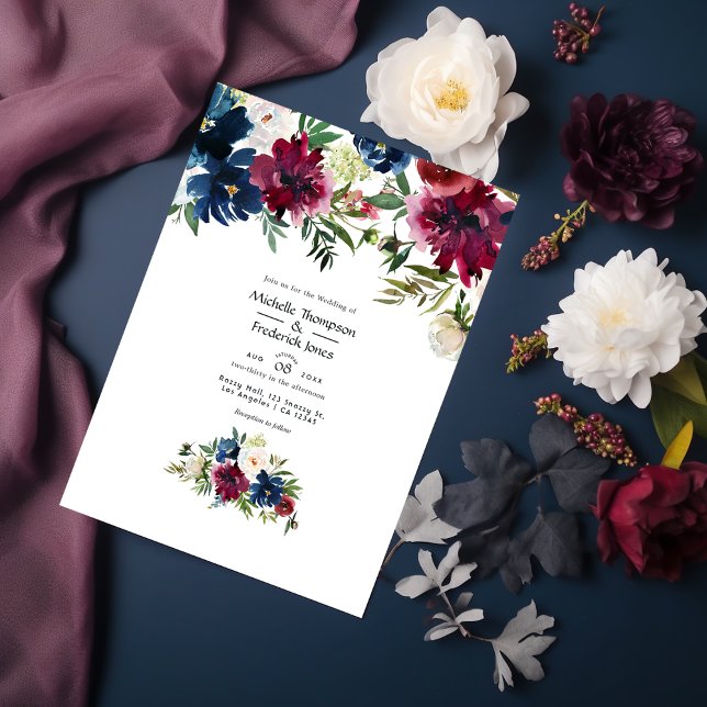 Bordo and Navy Watercolor Floral Wedding Invitation (Creator Uploaded)