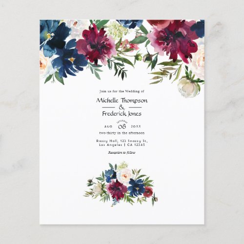 Bordo and Navy Watercolor Floral Wedding Invite Flyer