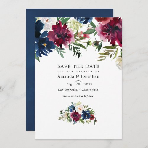Bordo and Navy Watercolor Floral Wedding Photo Save The Date