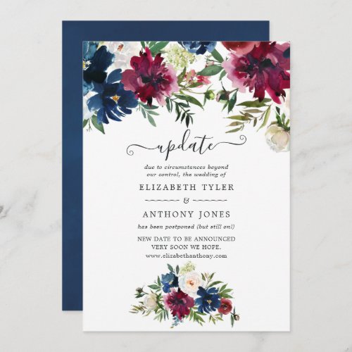 Bordo and Navy Watercolor Floral Wedding Update Invitation