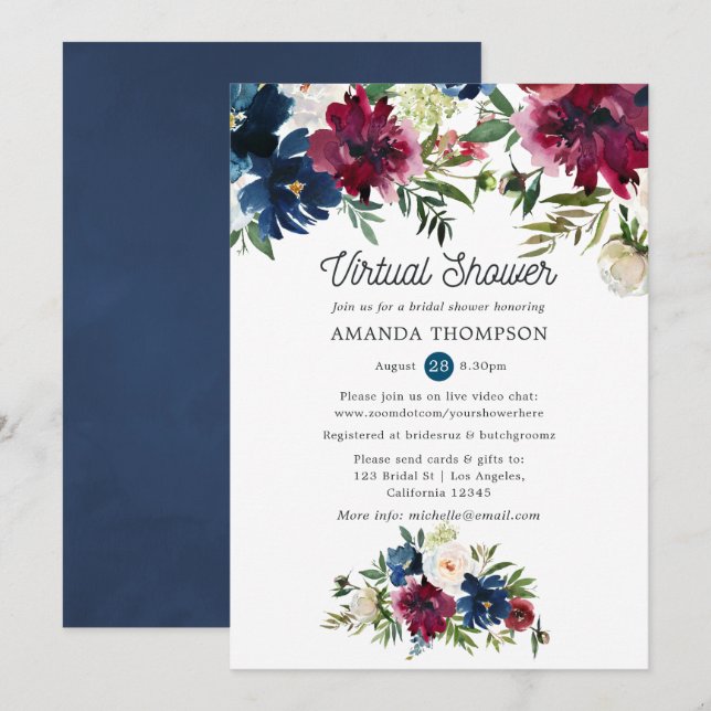 Bordo and Navy Watercolor Virtual Bridal Shower Invitation (Front/Back)