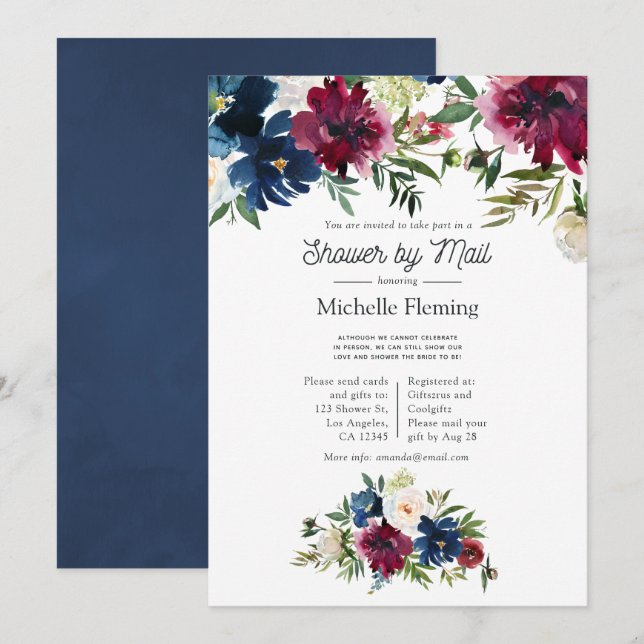 Bordo and Navy Watercolor Virtual Bridal Shower Invitation (Front/Back)