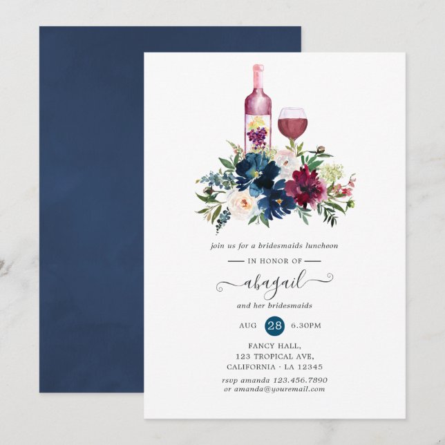 Bordo and Navy Wine Tasting Bridesmaids Luncheon Invitation (Front/Back)