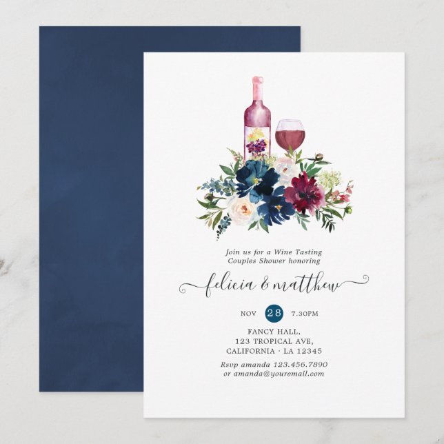 Bordo and Navy Wine Tasting Couples Shower Invitation (Front/Back)