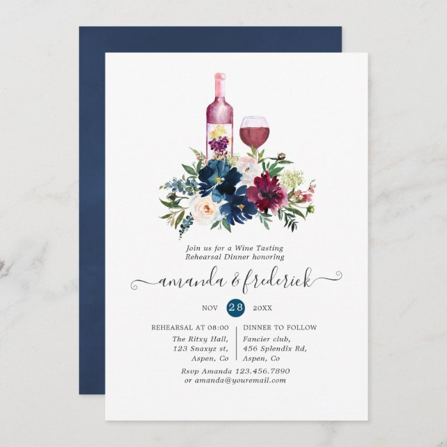 Bordo and Navy Wine Tasting Rehearsal Dinner Invitation (Front/Back)