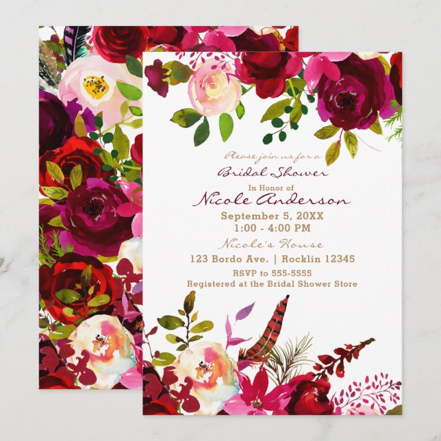 Bordo Burgundy Maroon Boho Floral Bridal Shower Invitation (Front/Back)