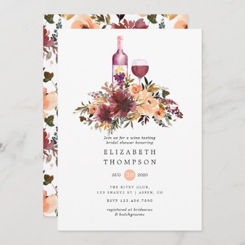 Bordo Peach Floral Wine Tasting Bridal Shower Invitation