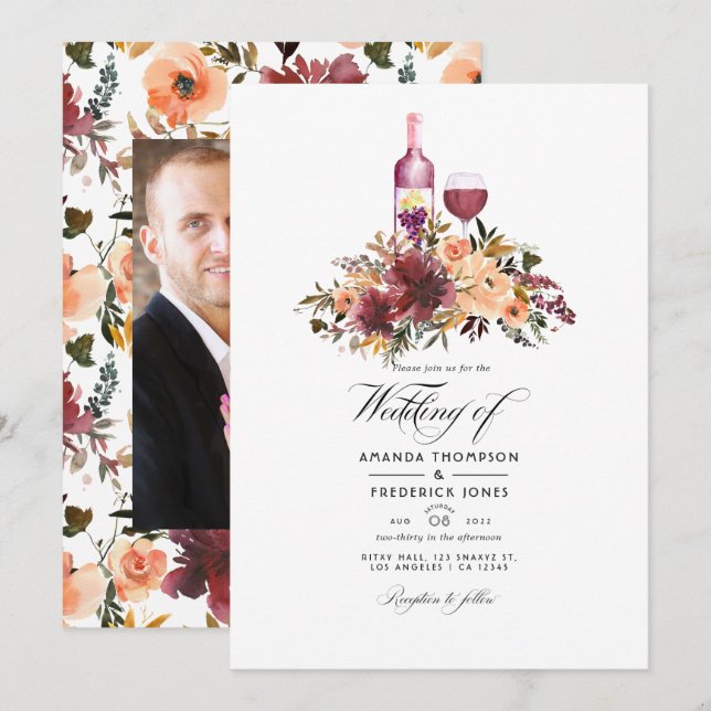 Bordo Peach Floral Wine Tasting Wedding Photo Invitation (Front/Back)