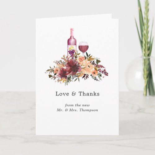 Bordo Peach Floral Wine Wedding Photo Thank You Card