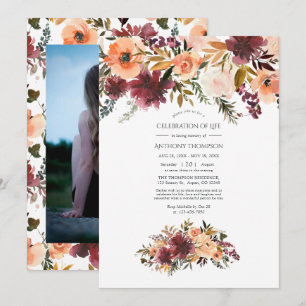 Bordo Peach Watercolor Floral Celebration of Life Invitation