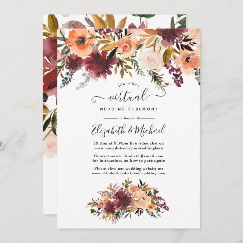 Bordo Peach Watercolor Floral Virtual Wedding Invitation