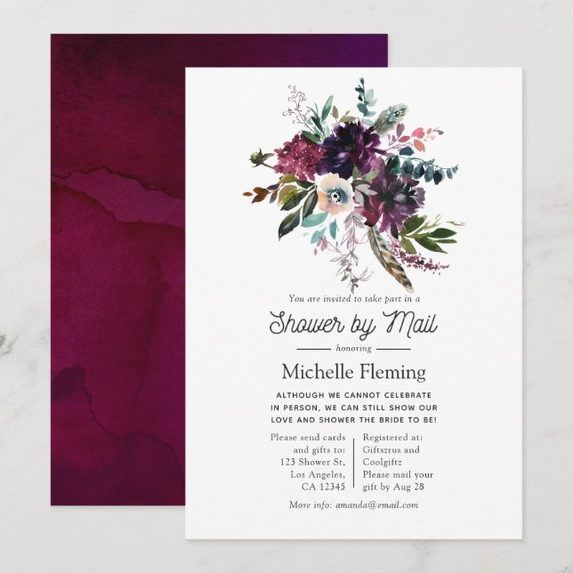 Bordo Violet Plum Floral Bridal Shower by Mail Invitation (Front/Back)