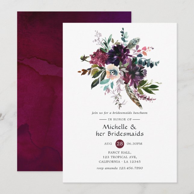 Bordo Violet Plum Floral Bridesmaids Luncheon Invitation (Front/Back)