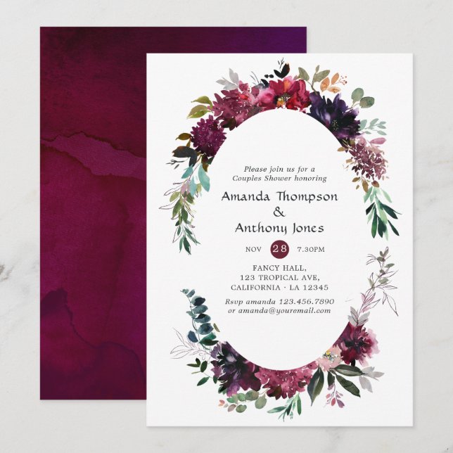 Bordo Violet Plum Floral Couples Shower Invitation (Front/Back)