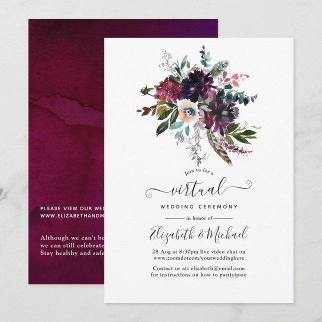 Bordo Violet Plum Floral Online Virtual Wedding Invitation (Front/Back)