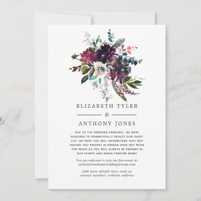 Bordo Violet Plum Floral Reduced Wedding Guests Announcement (Front)