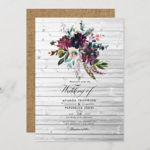 Bordo Violet Plum Floral Rustic Bohemian Wedding Invitation