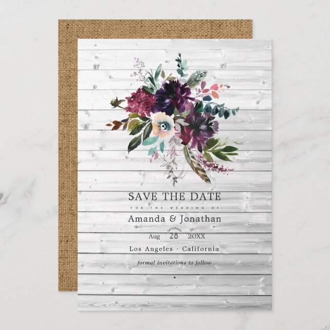 Bordo Violet Plum Floral Rustic Bohemian Wedding Save The Date (Front/Back)