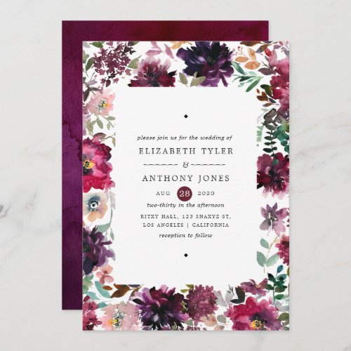 Bordo Violet Plum Watercolor Floral Wedding Invitation