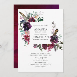 Bordo Violet Plum Watercolor Floral Wedding Invitation