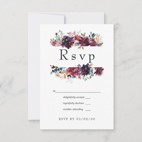 Bordo Violet Plum Watercolor Floral Wedding RSVP Card
