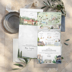 Borgo Corsignano   Illustrated Wedding Tri-Fold Invitation