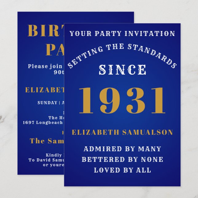 Born 1931 90th Birthday Love Add Your Name Blue Invitation (Front/Back)