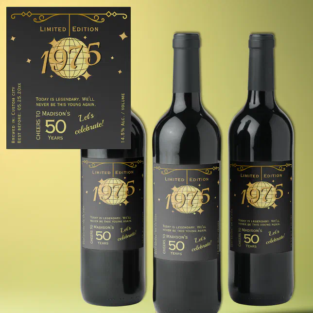 Born 1975 50th birthday party elegant wine Label | Zazzle