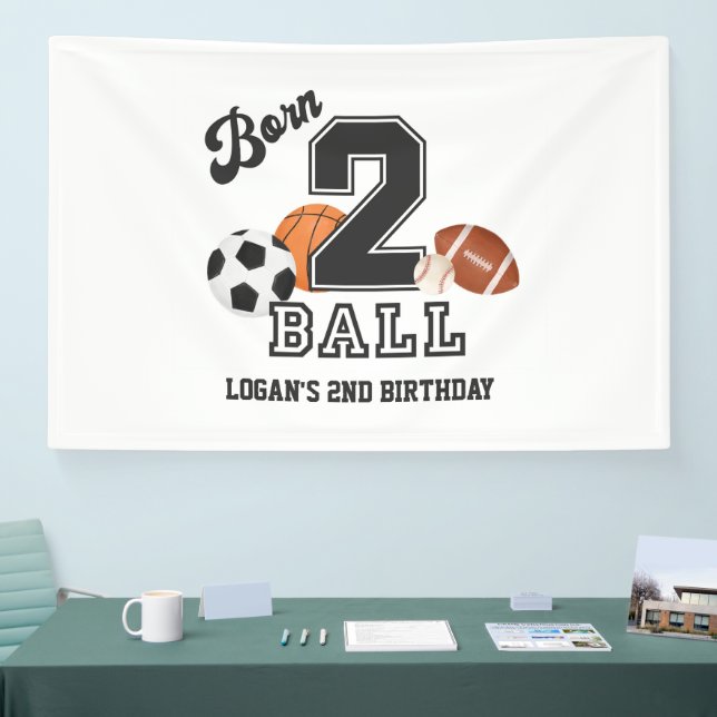 Born 2 Ball Sport Theme Boy Second Birthday Party Banner (Tradeshow)