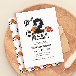 Born 2 Ball Sport Themed Boy 2nd Birthday Party Invitation