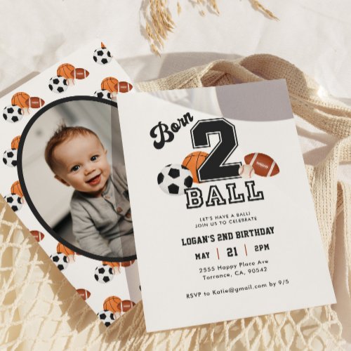 Born 2 Ball Sport Themed Boy 2nd Birthday Photo Invitation