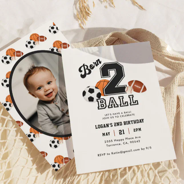 Born 2 Ball Sport Themed Boy 2nd Birthday Photo Invitation | Zazzle