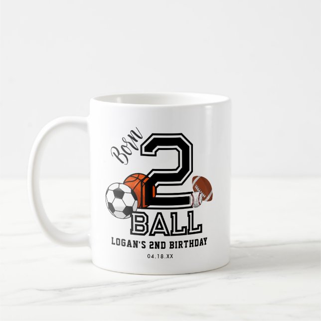 Born 2 Ball Sports Theme Boy’s 2nd Birthday Party Coffee Mug (Left)