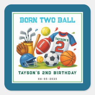 Born 2 Ball Sports Theme Boy’s 2nd Birthday Party Square Sticker