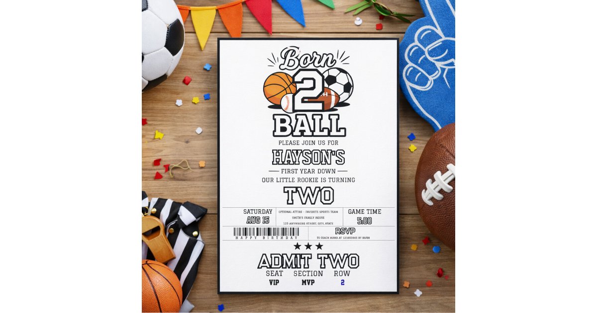 Born 2 Ball Sports Themed Boy 2nd Birthday Party Invitation | Zazzle