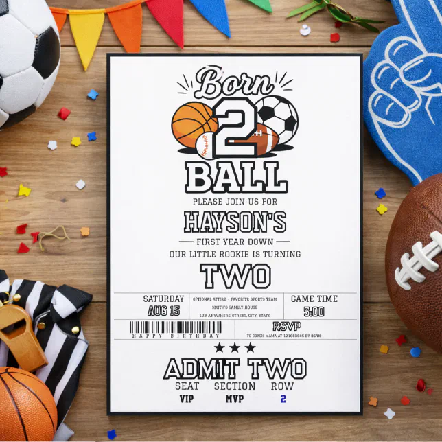 Born 2 Ball Sports Themed Boy 2nd Birthday Party Invitation | Zazzle