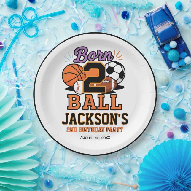 Born 2 Ball Sports-Themed Boy 2nd Birthday Party Paper Plates (Party)