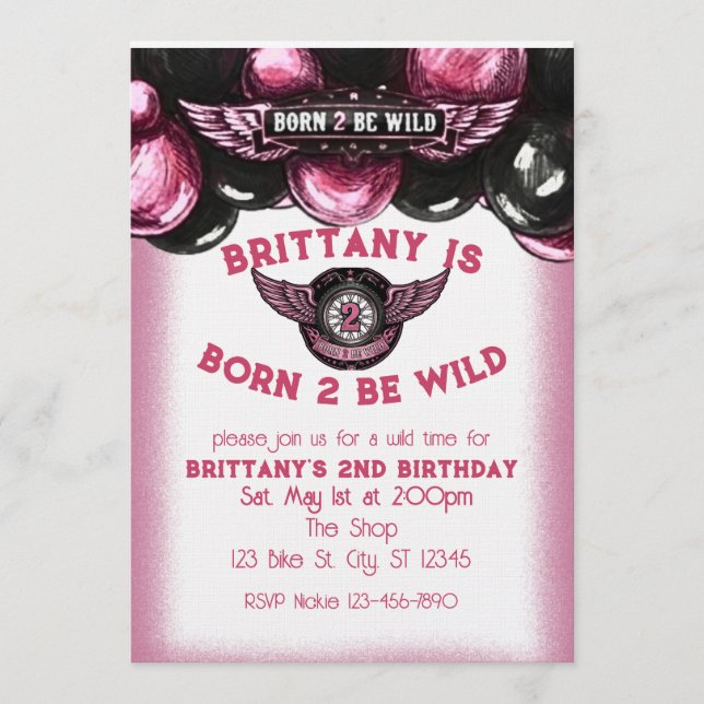 Born 2 Be Wild Pink, Black Motorcycle 2nd Birthday Invitation (Front)